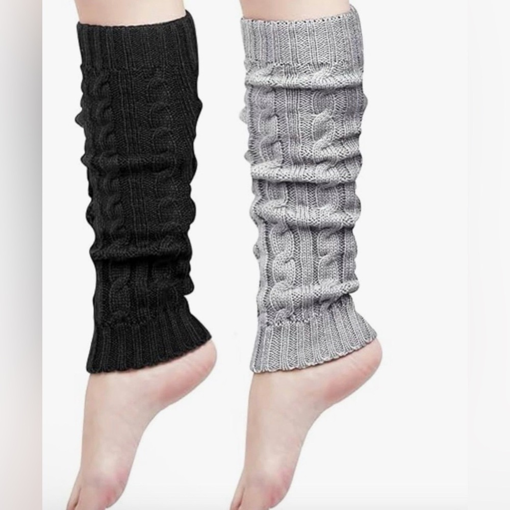 Knit Cable Leg Warmers — Black & Light Gray Set